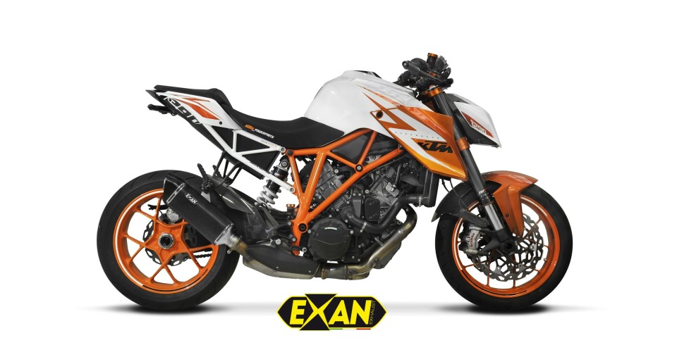 Exan bietet für die KTM 1290 Superduke eine schöne Slip on Auspuffanlage mit Euro 4 Homologation an.