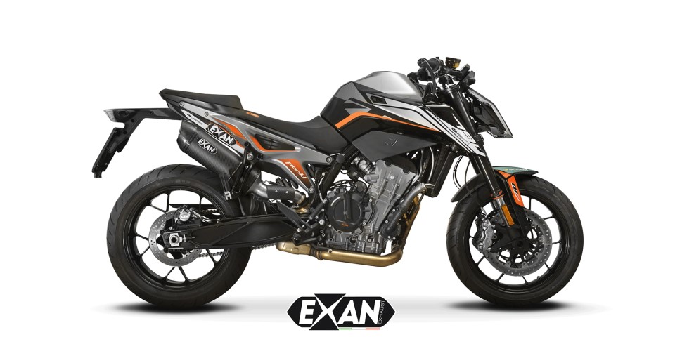 Die KTM Duke 790 glänzt jetzt mit der Exan oval Carbon Cap Auspuffanlage mit Euro4 Zulassung.